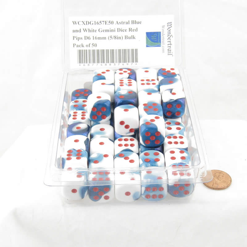 WCXDG1657E50 Astral Blue and White Gemini Dice Red Pips D6 16mm (5/8in) Bulk Pack of 50 2nd Image