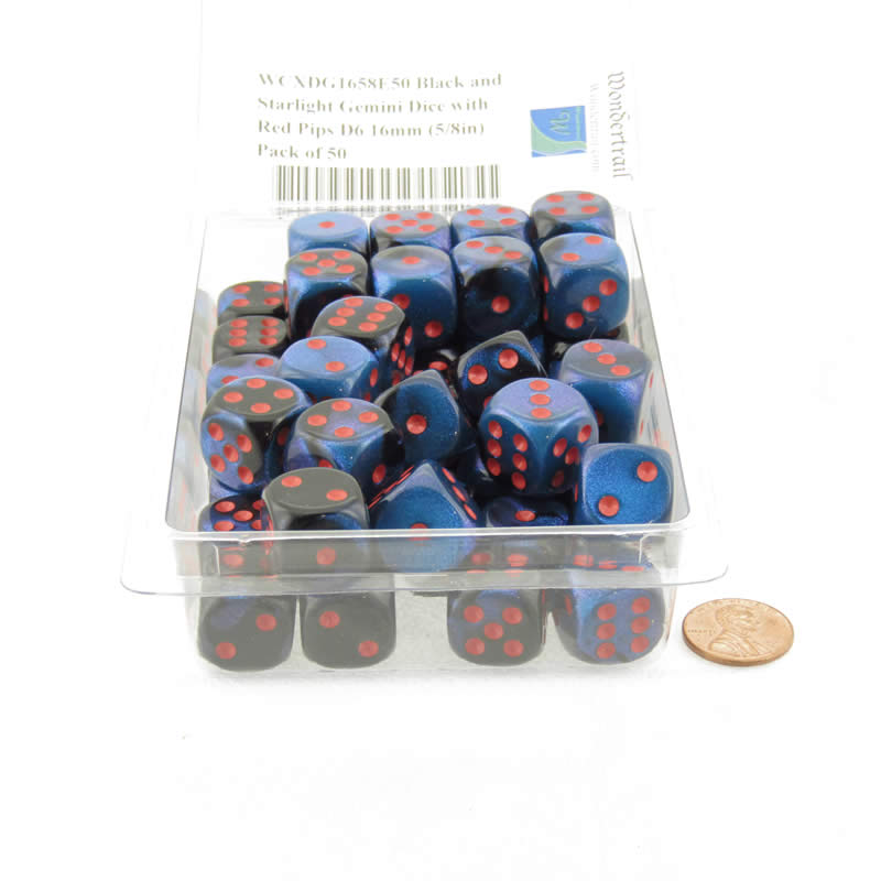 WCXDG1658E50 Black and Starlight Gemini Dice with Red Pips D6 16mm (5/8in) Pack of 50 2nd Image