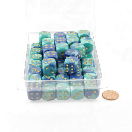 WCXDG1659E50 Blue and Teal Gemini Dice with Gold Pips D6 16mm (5/8in) Pack of 50 Main Image