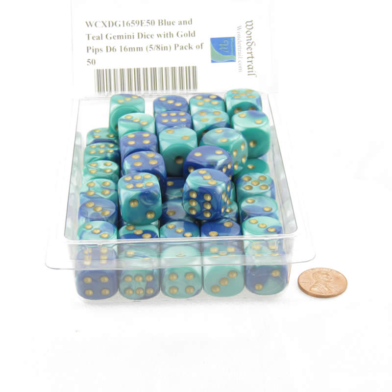 WCXDG1659E50 Blue and Teal Gemini Dice with Gold Pips D6 16mm (5/8in) Pack of 50 2nd Image