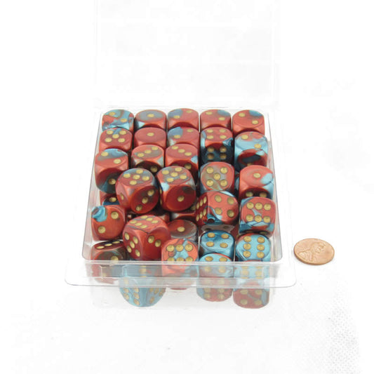WCXDG1662E50 Red and Teal Gemini Dice with Gold Pips D6 16mm (5/8in) Pack of 50