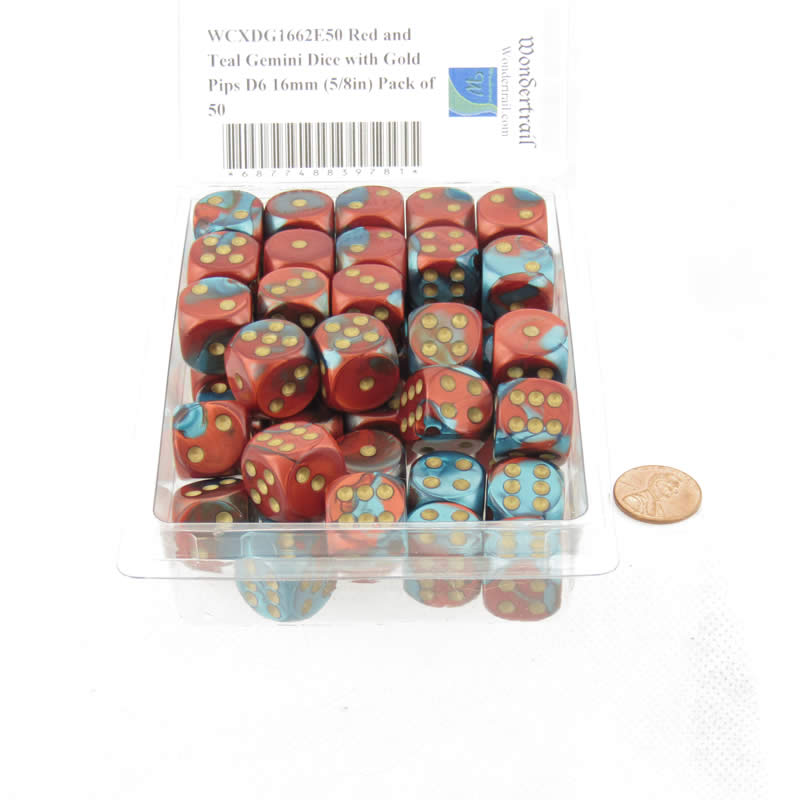 WCXDG1662E50 Red and Teal Gemini Dice with Gold Pips D6 16mm (5/8in) Pack of 50