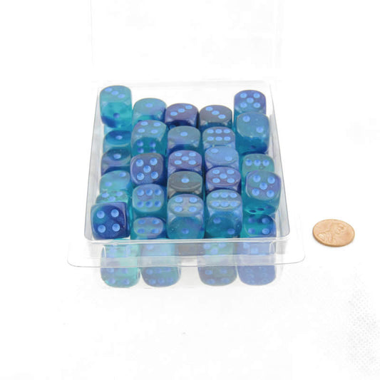 WCXDG1663E50 Blue and Blue Gemini Luminary Dice Light Blue Pips D6 16mm (5/8in) Pack of 50