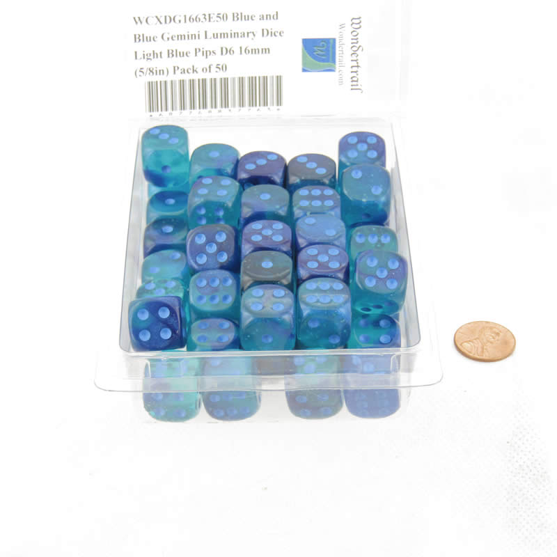 WCXDG1663E50 Blue and Blue Gemini Luminary Dice Light Blue Pips D6 16mm (5/8in) Pack of 50