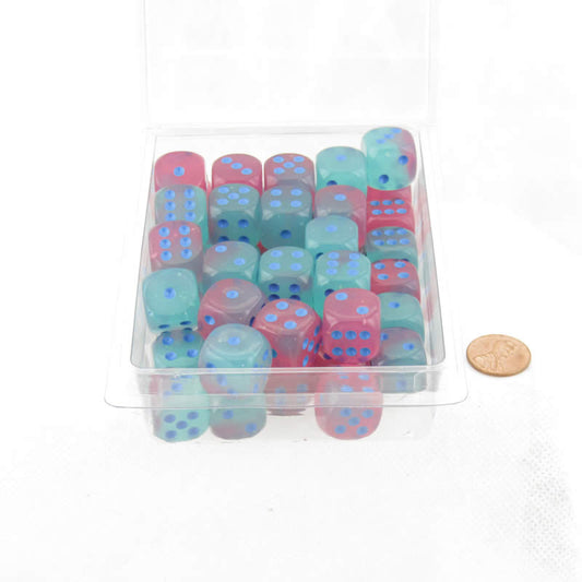 WCXDG1664E50 Gel Green and Pink Gemini Luminary Dice Blue Pips D6 16mm (5/8in) Pack of 50