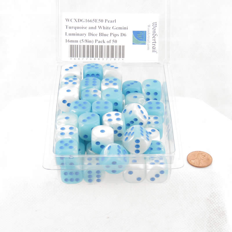 WCXDG1665E50 Pearl Turquoise and White Gemini Luminary Dice Blue Pips D6 16mm (5/8in) Pack of 50