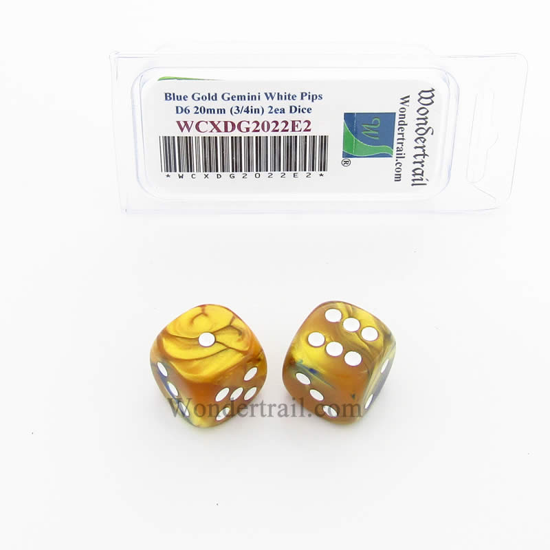 WCXDG2022E2 Blue Gold Gemini Dice White Pips 20mm (3/4in) D6 Pack of 2 Main Image