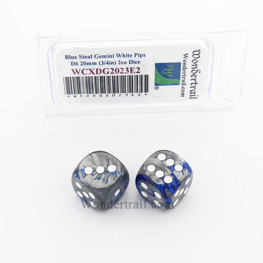 WCXDG2023E2 Blue Steal Gemini Dice White Pips 20mm (3/4in) D6 Pack of 2 Main Image