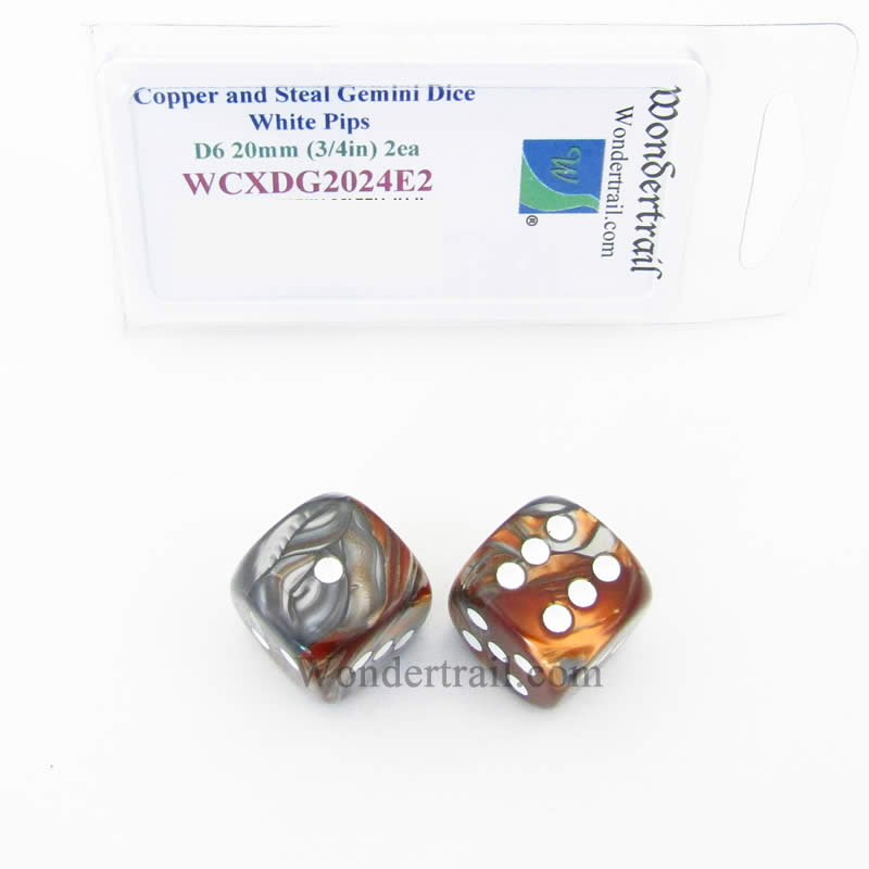 WCXDG2024E2 Copper and Steal Gemini Dice with White Pips 20mm (3/4in) D6 Pack of 2 Main Image