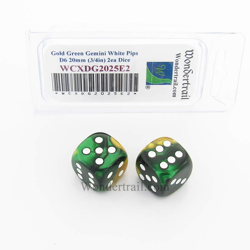 WCXDG2025E2 Gold Green Gemini Dice White Pips 20mm D6 Pack of 2 Main Image