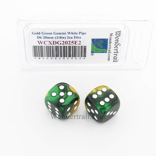 WCXDG2025E2 Gold Green Gemini Dice White Pips 20mm D6 Pack of 2 Main Image