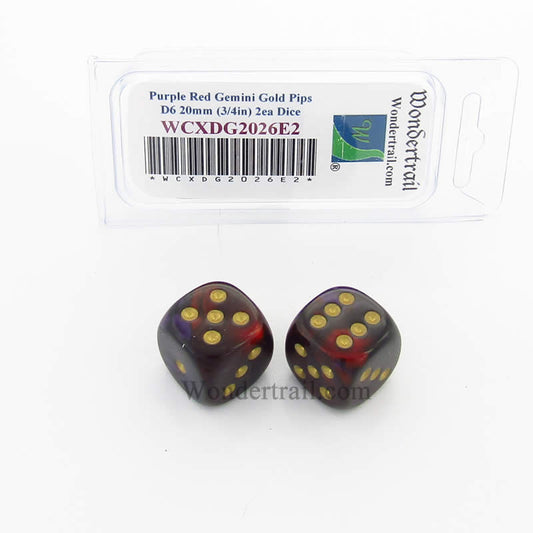 WCXDG2026E2 Purple Red Gemini Dice Gold Pips 20mm D6 Pack of 2 Main Image