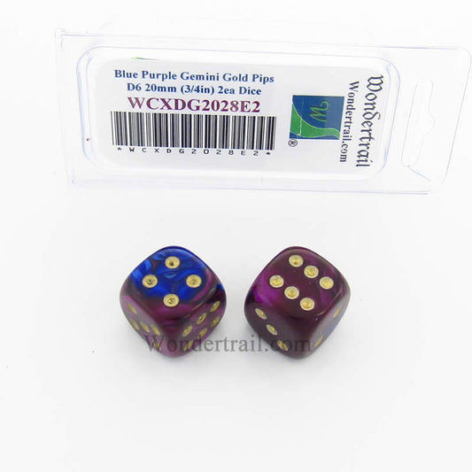 WCXDG2028E2 Blue Purple Gemini Dice Gold Pips 20mm D6 Pack of 2 Main Image