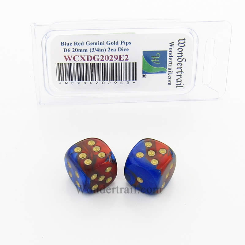 WCXDG2029E2 Blue Red Gemini Dice Gold Pips 20mm D6 Pack of 2 Main Image