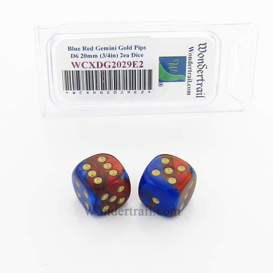 WCXDG2029E2 Blue Red Gemini Dice Gold Pips 20mm D6 Pack of 2 Main Image