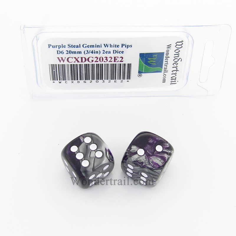 WCXDG2032E2 Purple Steal Gemini Dice White Pips 20mm D6 Pack of 2 Main Image