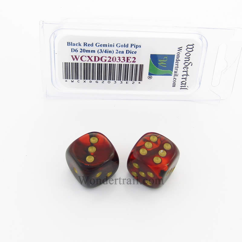 WCXDG2033E2 Black Red Gemini Dice Gold Pips 20mm D6 Pack of 2 Main Image