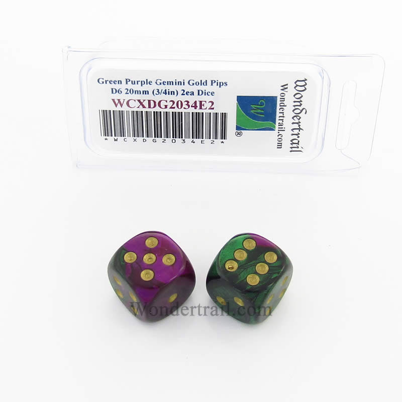 WCXDG2034E2 Green Purple Gemini Dice Gold Pips 20mm D6 Pack of 2 Main Image