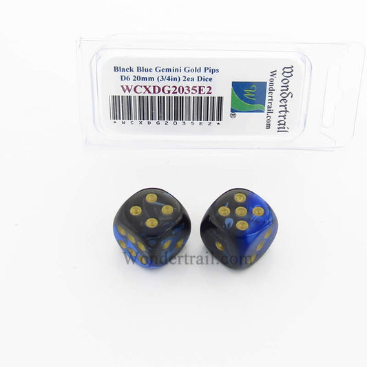 WCXDG2035E2 Black Blue Gemini Dice Gold Pips 20mm D6 Pack of 2 Main Image