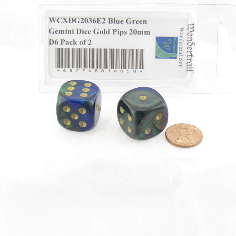 WCXDG2036E2 Blue Green Gemini Dice Gold Pips 20mm D6 Pack of 2 2nd Image