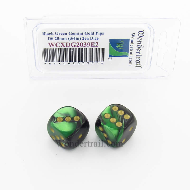 WCXDG2039E2 Black Green Gemini Dice Gold Pips 20mm D6 Pack of 2 Main Image