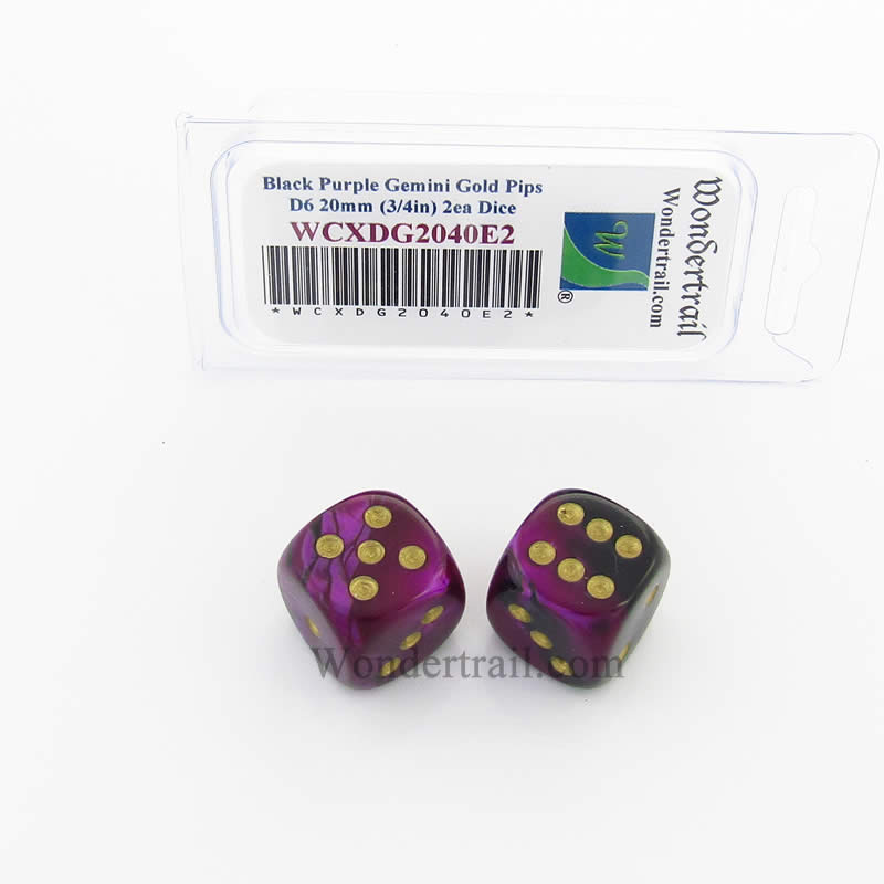 WCXDG2040E2 Black Purple Gemini Dice Gold Pips 20mm D6 Pack of 2 Main Image