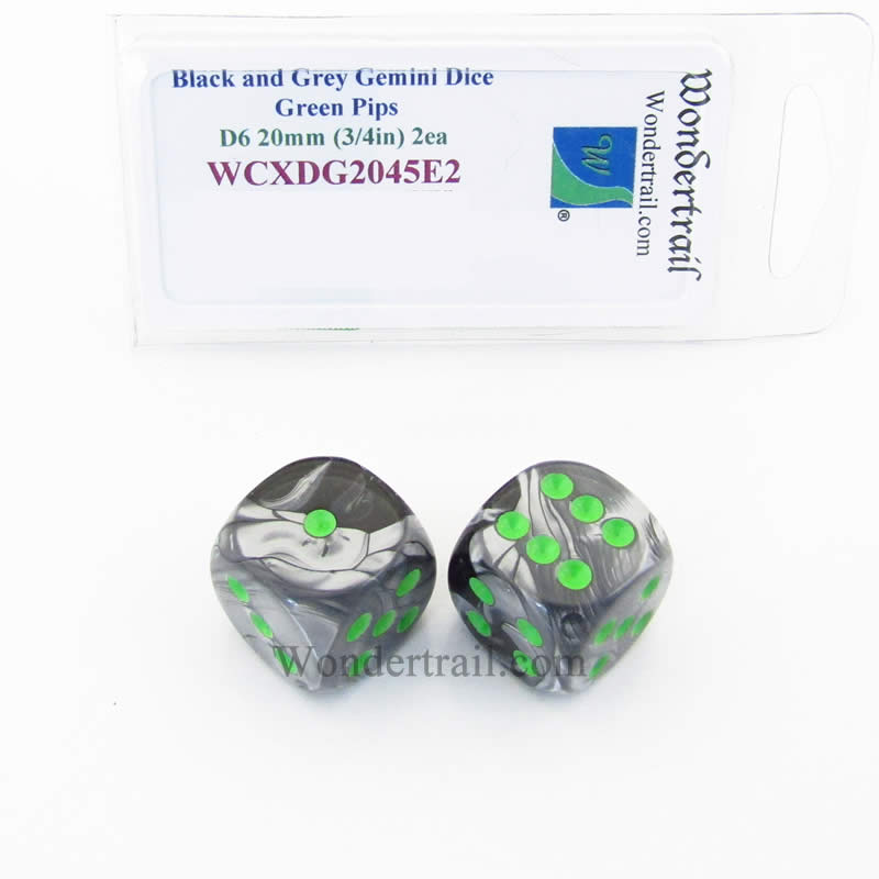 WCXDG2045E2 Black Grey Gemini Dice Green Pips 20mm D6 Pack of 2 Main Image