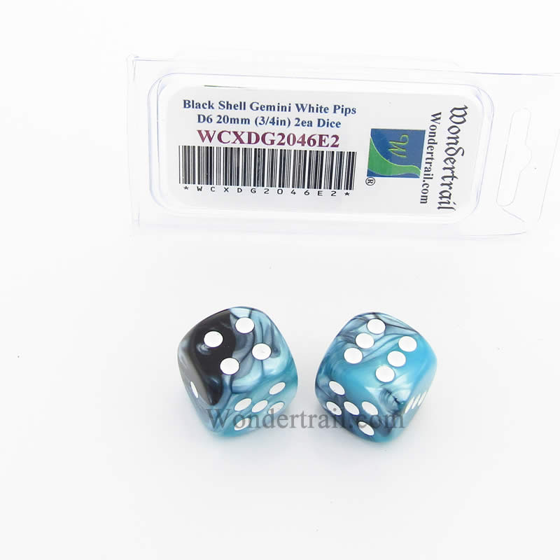 WCXDG2046E2 Black Shell Gemini Dice White Pips 20mm D6 Pack of 2 Main Image