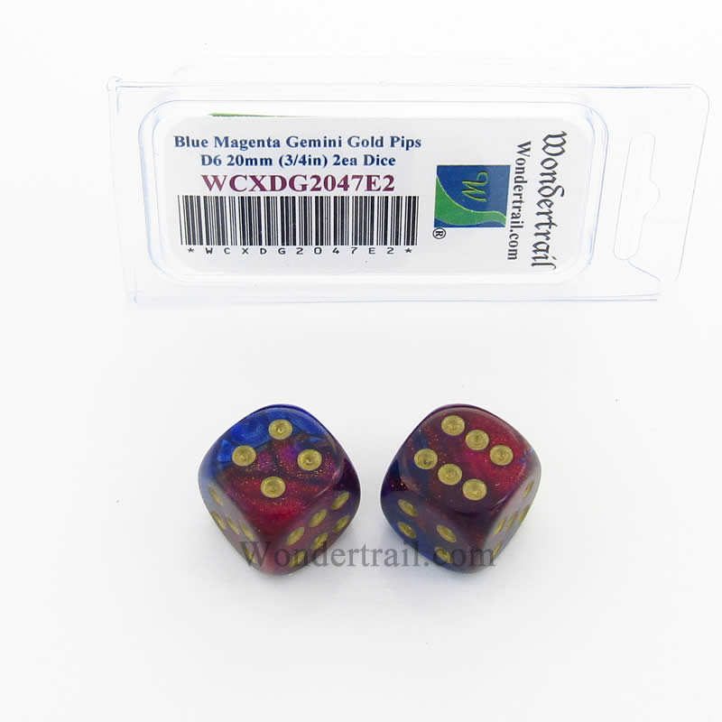 WCXDG2047E2 Blue Magenta Gemini Dice Gold Pips 20mm D6 Pack of 2 Main Image