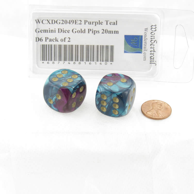 WCXDG2049E2 Purple Teal Gemini Dice Gold Pips 20mm D6 Pack of 2 2nd Image