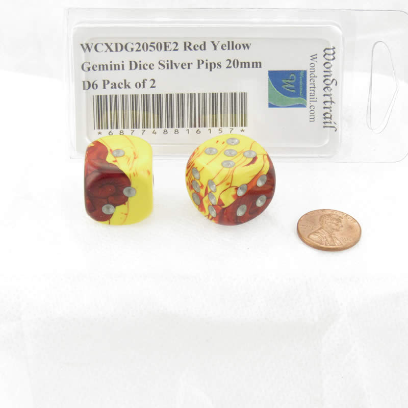 WCXDG2050E2 Red Yellow Gemini Dice Silver Pips 20mm D6 Pack of 2 2nd Image