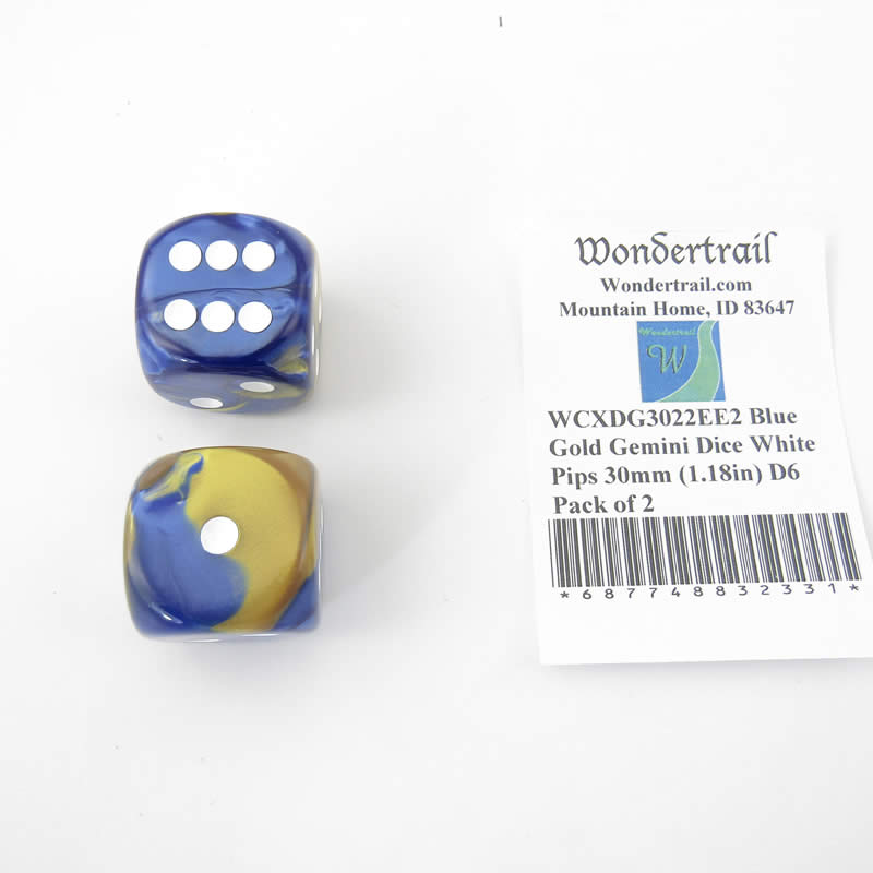 WCXDG3022EE2 Blue Gold Gemini Dice White Pips 30mm (1.18in) D6 Pack of 2 Main Image