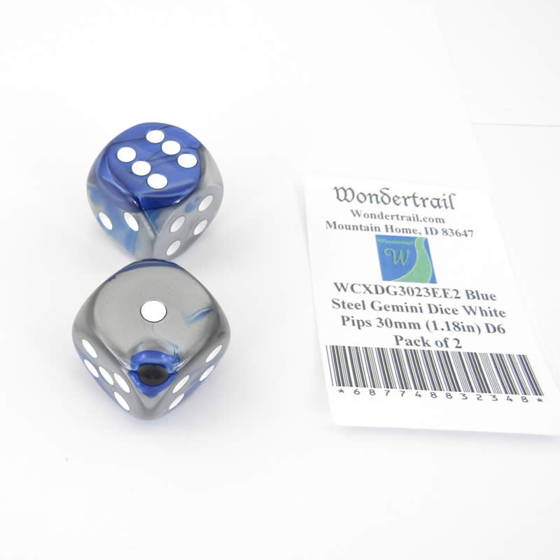 WCXDG3023EE2 Blue Steel Gemini Dice White Pips 30mm (1.18in) D6 Pack of 2 Main Image