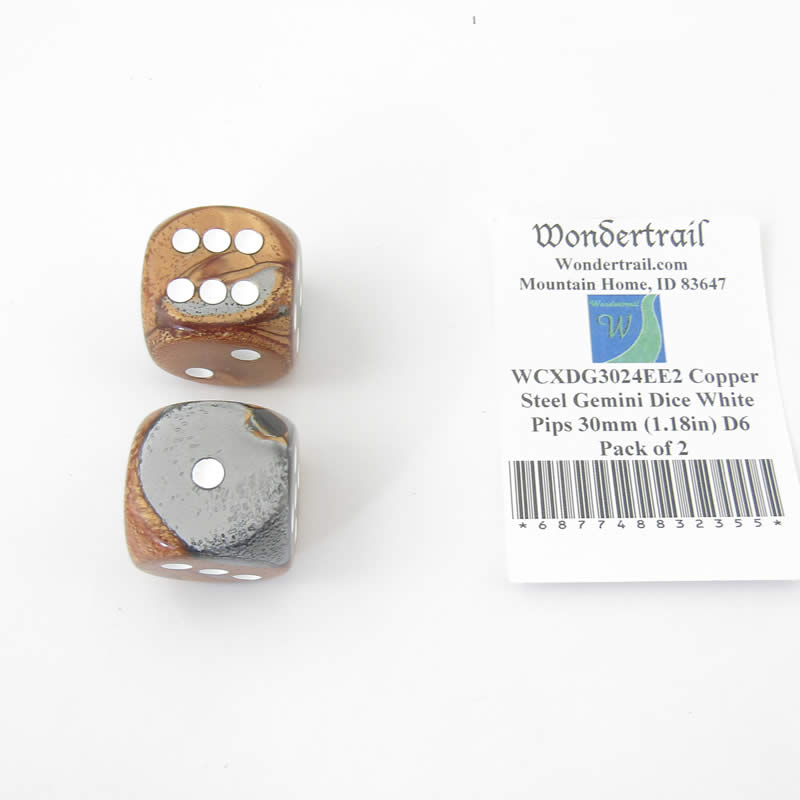 WCXDG3024EE2 Copper Steel Gemini Dice White Pips 30mm (1.18in) D6 Pack of 2 Main Image