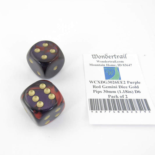 WCXDG3026EE2 Purple Red Gemini Dice Gold Pips 30mm (1.18in) D6 Pack of 2 Main Image