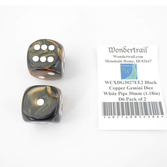 WCXDG3027EE2 Black Copper Gemini Dice White Pips 30mm (1.18in) D6 Pack of 2 Main Image