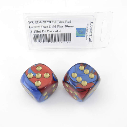 WCXDG3029EE2 Blue Red Gemini Dice Gold Pips 30mm (1.18in) D6 Pack of 2 Main Image