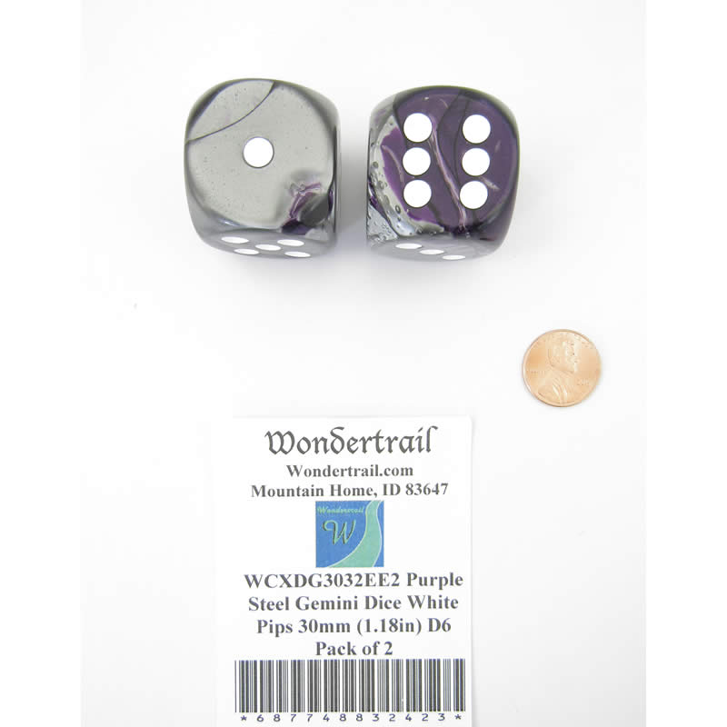 WCXDG3032EE2 Purple Steel Gemini Dice White Pips 30mm (1.18in) D6 Pack of 2 Main Image