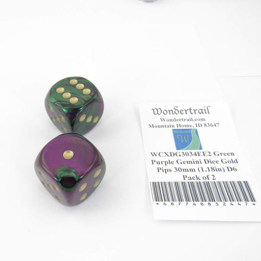 WCXDG3034EE2 Green Purple Gemini Dice Gold Pips 30mm (1.18in) D6 Pack of 2 Main Image