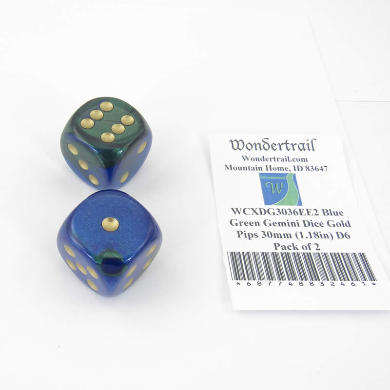 WCXDG3036EE2 Blue Green Gemini Dice Gold Pips 30mm (1.18in) D6 Pack of 2 Main Image