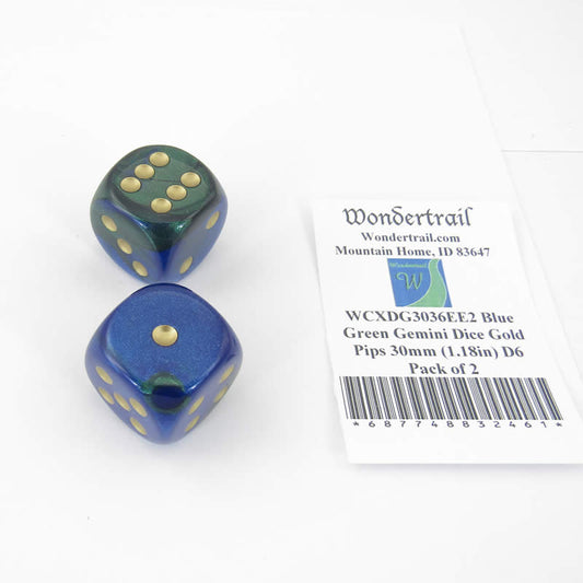 WCXDG3036EE2 Blue Green Gemini Dice Gold Pips 30mm (1.18in) D6 Pack of 2 Main Image