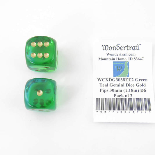 WCXDG3038EE2 Green Teal Gemini Dice Gold Pips 30mm (1.18in) D6 Pack of 2 Main Image