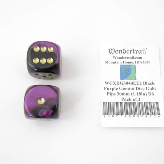 WCXDG3040EE2 Black Purple Gemini Dice Gold Pips 30mm (1.18in) D6 Pack of 2 Main Image