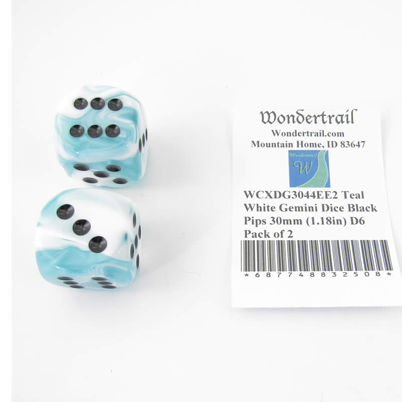 WCXDG3044EE2 Teal White Gemini Dice Black Pips 30mm (1.18in) D6 Pack of 2 Main Image