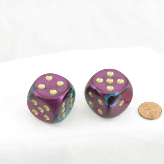 WCXDG3049EE2 Purple Teal Gemini Dice Gold Pips 30mm (1.18in) D6 Pack of 2 Main Image
