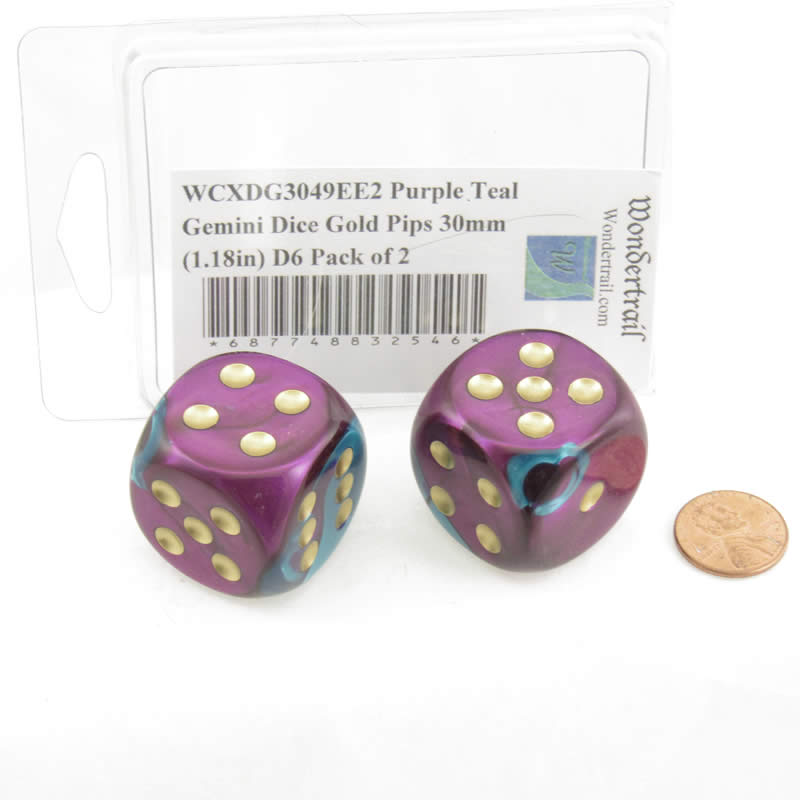 WCXDG3049EE2 Purple Teal Gemini Dice Gold Pips 30mm (1.18in) D6 Pack of 2 2nd Image