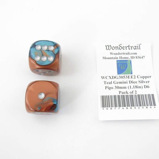 WCXDG3053EE2 Copper Teal Gemini Dice Silver Pips 30mm (1.18in) D6 Pack of 2 Main Image