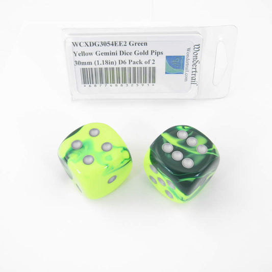 WCXDG3054EE2 Green Yellow Gemini Dice Gold Pips 30mm (1.18in) D6 Pack of 2 Main Image