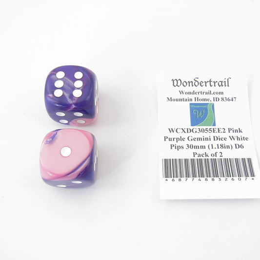 WCXDG3055EE2 Pink Purple Gemini Dice White Pips 30mm (1.18in) D6 Pack of 2 Main Image