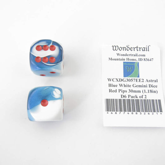WCXDG3057EE2 Astral Blue White Gemini Dice Red Pips 30mm (1.18in) D6 Pack of 2 Main Image